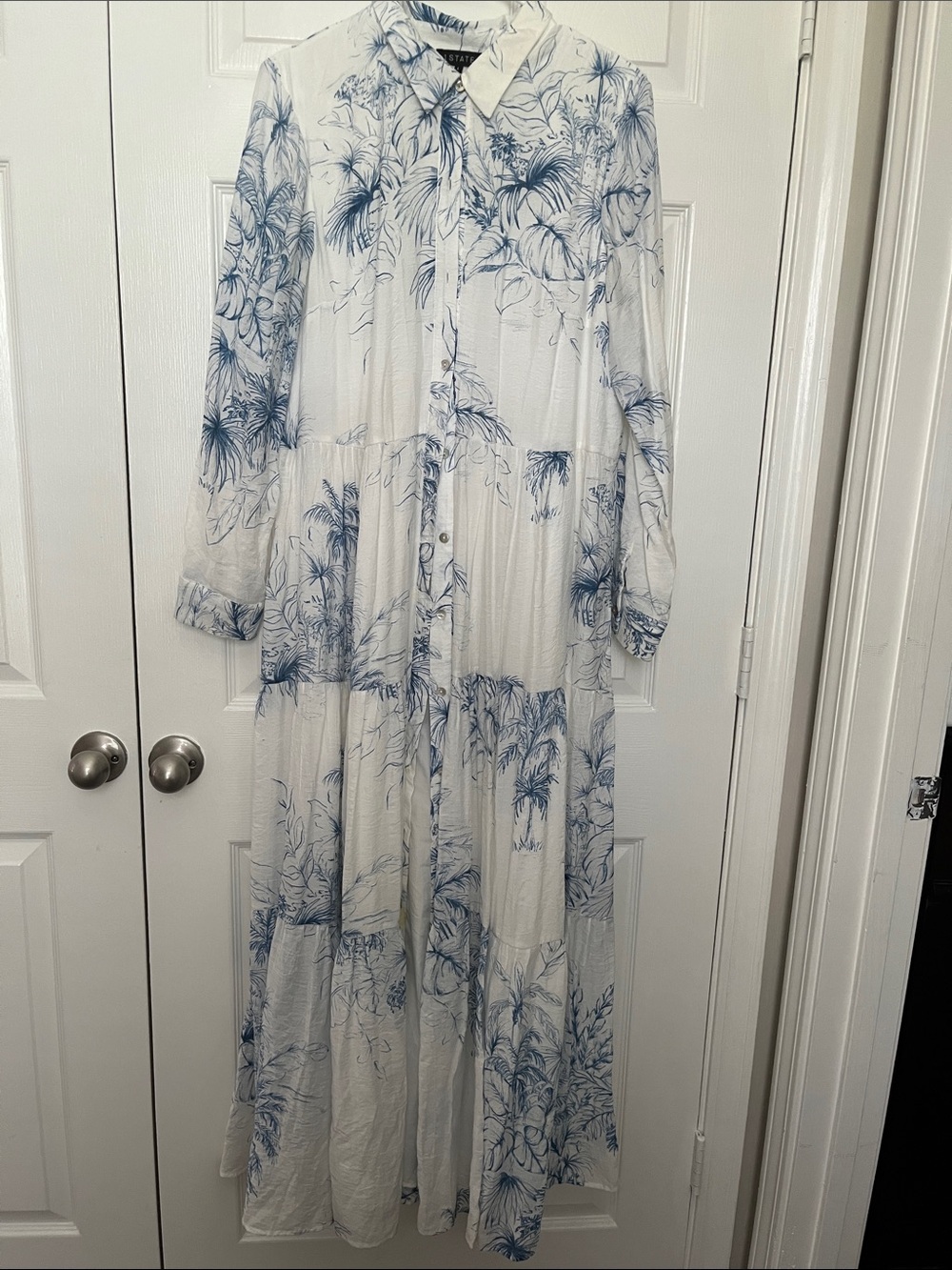 White Maxi Shirt Dress with Blue Botanical Print